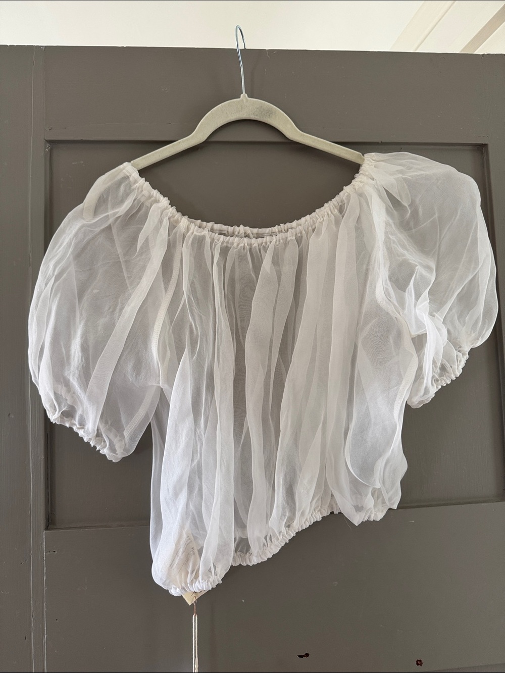 Women's White Sheer Off-Shoulder Puff-Sleeve Crop Blouse